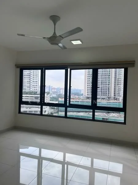 Room features: white painted walls, glossy ceramic tile flooring, 5-blade ceiling fan with light, floor-to-ceiling windows, roller blinds, city skyline view; style: modern; view: city.