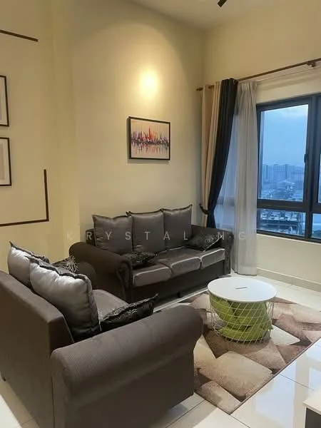 Living features: 3-seater fabric sofa in grey, 2-seater fabric sofa in grey, coffee table with round top, area rug with geometric pattern, floor-to-ceiling window, curtains in beige, wall-mounted artwork, white painted walls, tile flooring, ceiling fan; style: modern; view: city.