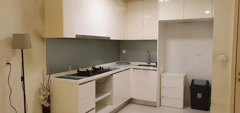 Kitchen features: white cabinetry, grey backsplash, stainless-steel sink, chrome pull-down faucet, 4-burner gas hob, white countertop, built-in oven, under-cabinet lighting, laminate flooring, floor-to-ceiling cabinets, decorative plant in corner, wall-mounted light fixture; style: modern.