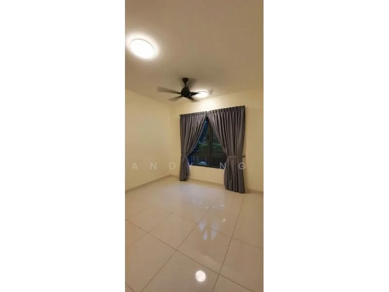 Bedroom features: white painted walls, glossy ceramic tile flooring, ceiling fan, floor-to-ceiling window, curtains, natural light, neutral color scheme; style: modern; view: garden.