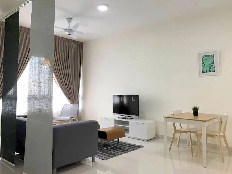 Living features: grey fabric sofa, wooden coffee table, TV console, wall-mounted TV, area rug with stripes, 5-blade ceiling fan with light, floor-to-ceiling windows with sheer curtains, light-colored walls, white tiled flooring, decorative wall art, dining table with 4 chairs; style: modern.