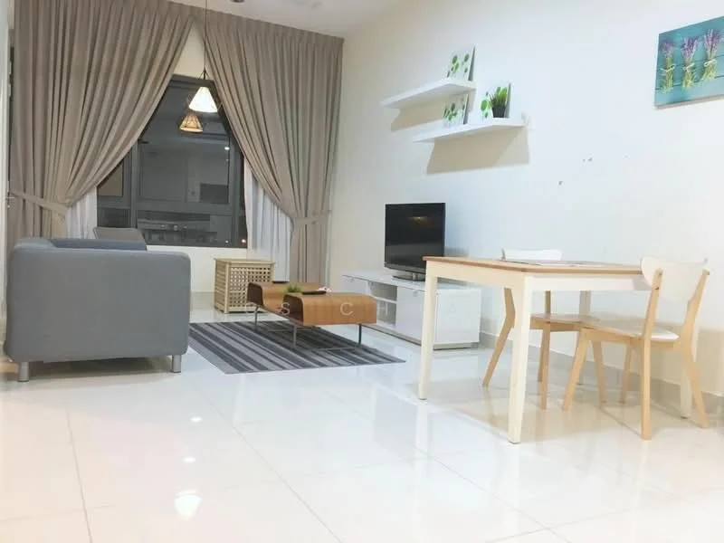 Living features: grey fabric sofa, wooden coffee table, white TV console, wall-mounted TV, area rug with stripes, floor-to-ceiling windows, sheer curtains, recessed ceiling lights, white painted walls, glossy tile flooring, decorative wall shelves, dining table with two chairs; style: modern; view: city.