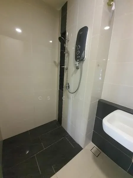 Bathroom features: walk-in shower with glass enclosure, rain shower head, handheld shower, black tile flooring, white wall-mounted sink, chrome basin mixer faucet, cream tiled walls, black accent wall, built-in shower shelf, mirror above sink; style: modern.