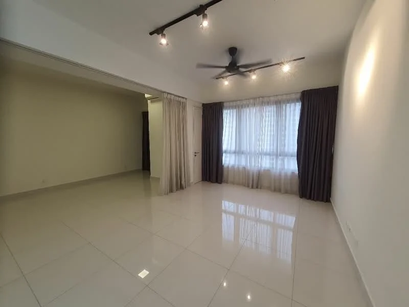 Living features: white painted walls, glossy tile flooring, 5-blade ceiling fan with light, floor-to-ceiling windows, sheer curtains, dark curtains, recessed downlights, open layout, neutral color scheme; style: modern.