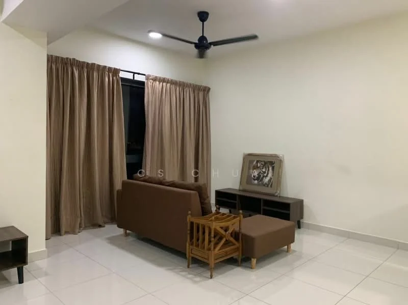 Living features: brown fabric sofa, wooden coffee table, TV console, floor-to-ceiling windows, sheer curtains, recessed downlights, ceiling fan, white painted walls, glossy ceramic tile flooring; style: modern.