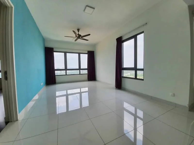 Living features: white painted walls, blue accent wall, glossy ceramic tile flooring, 5-blade ceiling fan with light, floor-to-ceiling windows, dark purple curtains, natural light, city view; style: modern; view: city.