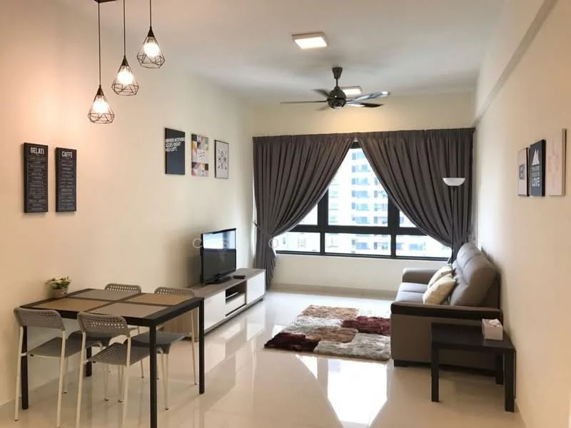 Living features: light grey fabric sofa, 3-seater sofa, coffee table, TV console, wall-mounted TV, area rug with geometric pattern, 5-blade ceiling fan, recessed downlights, floor-to-ceiling windows, grey curtains, decorative wall art, white painted walls, polished tile flooring; style: modern; view: city. Dining features: 4-seater dining table, metal dining chairs, decorative plant, wall-mounted artwork; style: modern; view: city.