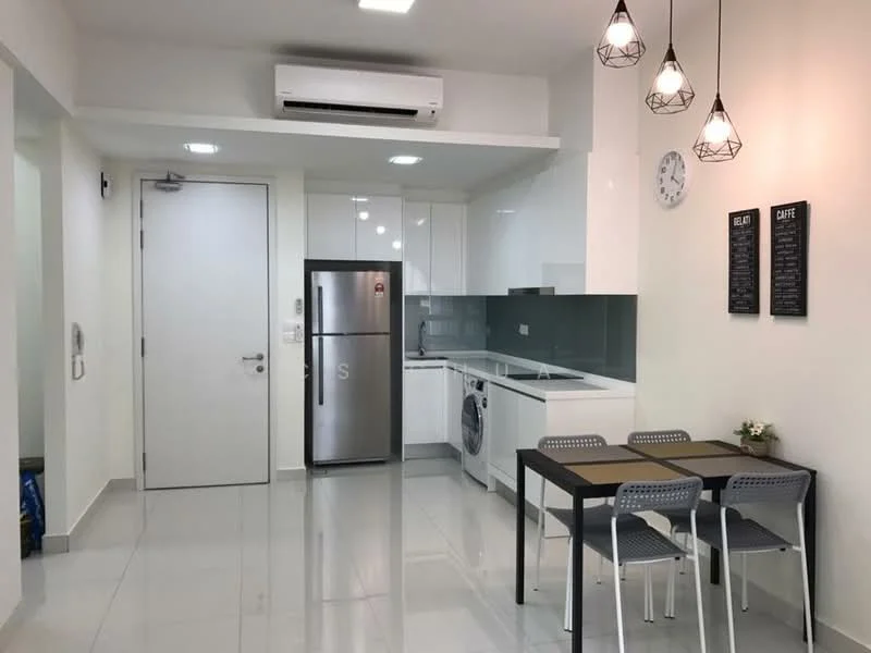 Kitchen features: white cabinetry, stainless-steel fridge, built-in washing machine, white countertop, grey backsplash, ceramic tile flooring, recessed downlights, 1 wall-mounted split AC, 4-seater dining table, grey plastic chairs, wall clock, decorative wall art; style: modern.