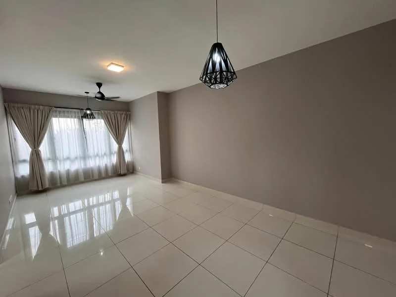 Living features: white painted walls, grey accent wall, glossy ceramic tile flooring, 5-blade ceiling fan with light, 2 pendant lights, floor-to-ceiling windows with sheer curtains, natural light, open layout; style: modern.