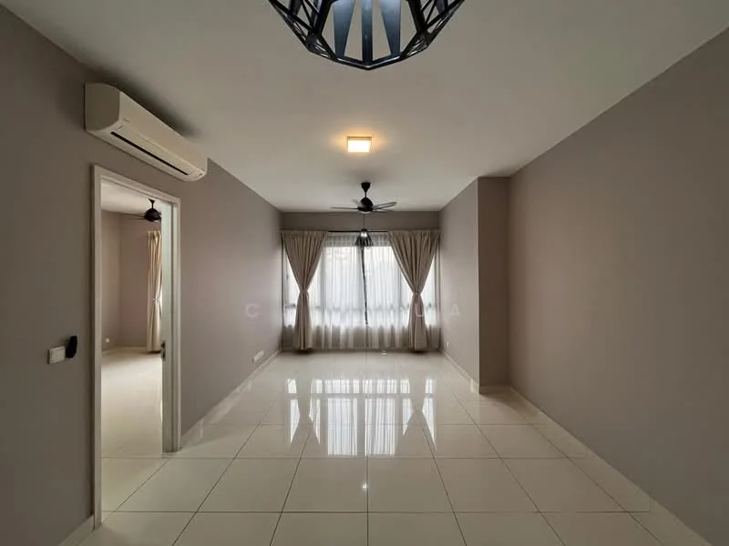 Living features: cream painted walls, glossy white tile flooring, 5-blade ceiling fan with light, recessed LED downlights, floor-to-ceiling windows, sheer curtains, air conditioning unit, neutral color scheme; style: modern.
