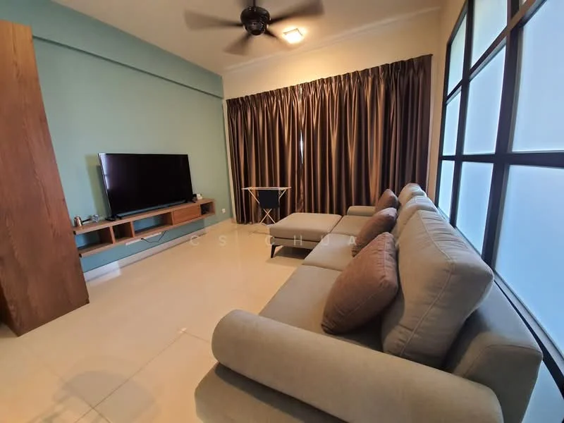 Living features: 3-seater fabric sofa in grey, 2-seater fabric sofa in grey, coffee table, wall-mounted TV, TV console with storage, floor-to-ceiling windows, sheer curtains, dark brown curtains, ceiling fan, light fixture, cream tiled flooring, accent wall in light blue; style: modern.