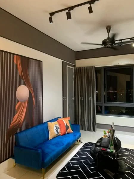 Living features: blue fabric sofa with gold legs, black and white area rug with geometric pattern, wall-mounted TV, black ceiling fan, floor-to-ceiling windows, grey curtains, decorative wall art with abstract design, white painted walls, recessed ceiling lights; style: modern; view: city.