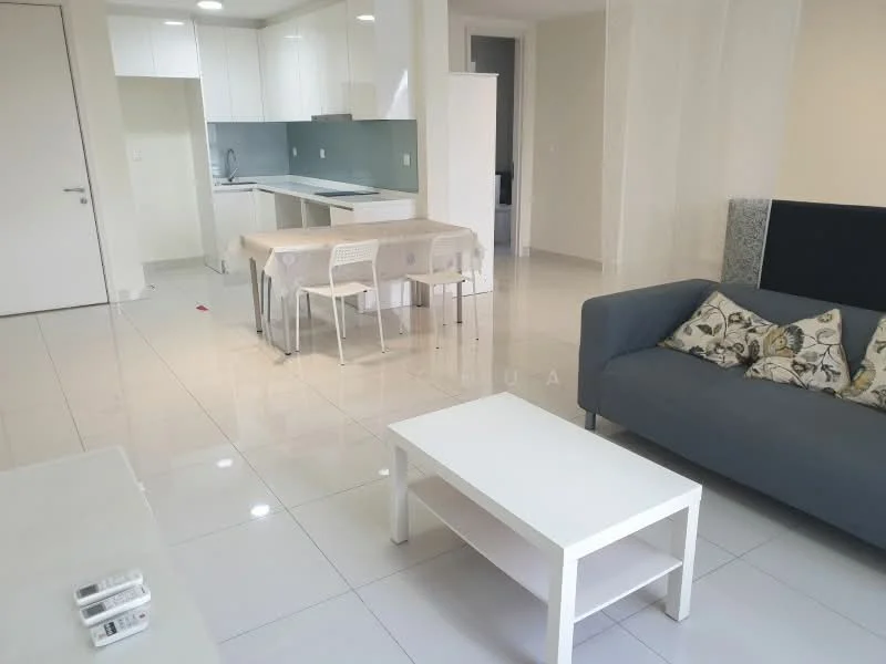 Living features: white walls, glossy white tile flooring, sofa in dark grey, decorative cushions, white coffee table, dining table with tablecloth, 4 white chairs, recessed downlights, open layout to kitchen, floor-to-ceiling windows, natural light, neutral decor; style: modern. Kitchen features: white cabinetry, grey backsplash, stainless-steel sink, built-in oven, induction cooktop, refrigerator, open layout to living area; style: modern.