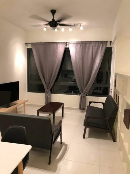 Living features: 2-seater fabric sofa in grey, 3-seater fabric sofa in dark grey, wooden coffee table, TV console, wall-mounted TV, floor-to-ceiling windows, grey curtains, recessed LED downlights, ceiling fan with light, white painted walls, glossy tile flooring; style: modern; view: city.