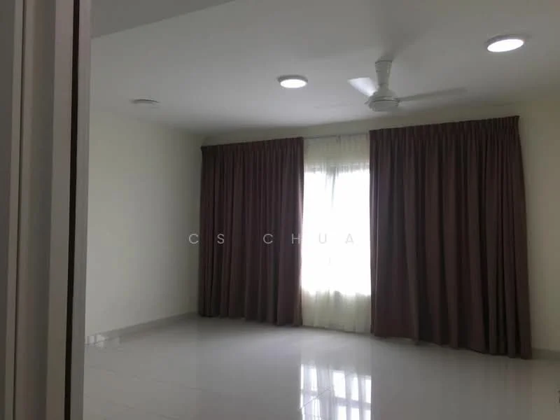 Room features: white painted walls, glossy tile flooring, recessed downlights, 5-blade ceiling fan, floor-to-ceiling window, sheer curtains, dark brown curtains; style: modern.