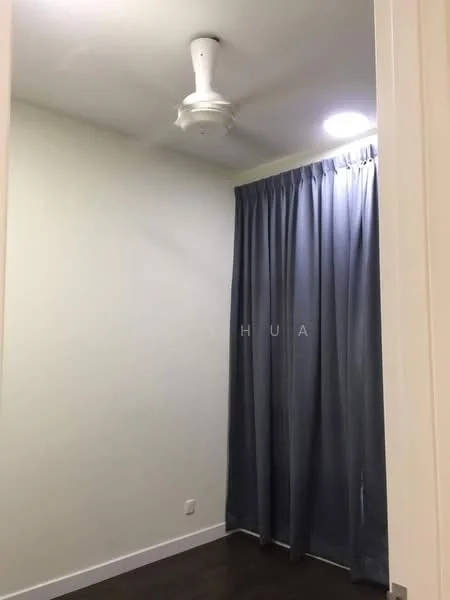 Room features: white painted walls, dark wood flooring, ceiling fan, recessed downlights, floor-to-ceiling curtains in grey.
