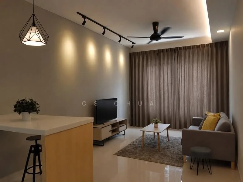 Living features: grey fabric sofa, wood coffee table, area rug with geometric pattern, TV console, wall-mounted TV, 5-blade ceiling fan with light, recessed LED downlights, floor-to-ceiling windows with sheer curtains, cream painted walls, polished tile flooring; style: modern.