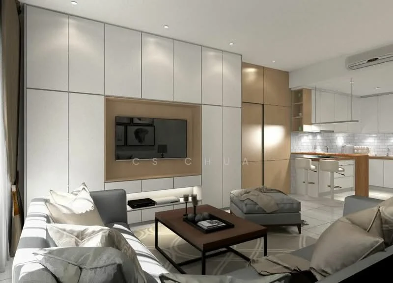 Living features: light grey fabric sofa, two accent chairs in light grey, wood coffee table, wall-mounted TV, built-in cabinetry with white and wood finish, recessed ceiling lights, decorative cushions, marble tile flooring, air conditioning unit, open layout to kitchen, neutral wall color; style: modern.