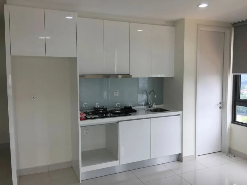 Kitchen features: white flat-panel cabinets, stainless-steel gas hob, stainless-steel range hood, single-bowl stainless-steel sink, chrome pull-down faucet, white backsplash, light-colored countertop, tile flooring, recessed downlights, window with roller blinds; style: modern.