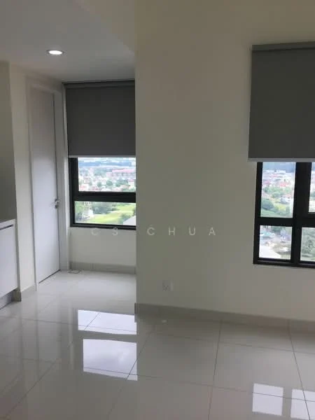 Room features: white painted walls, glossy tile flooring, floor-to-ceiling windows, roller blinds, natural light, corner view, neutral color scheme, modern lighting; style: modern; view: city.