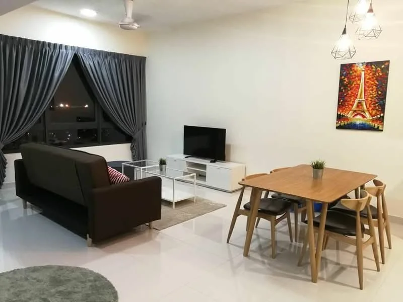Living features: 3-seater brown leather sofa, 2 white coffee tables, TV console in white, wall-mounted TV, area rug in grey, floor-to-ceiling windows, grey curtains, pendant lighting with multiple bulbs, decorative artwork with Eiffel Tower, ceiling fan; style: modern; view: city. Dining features: 6-seater wooden dining table, wooden dining chairs, small decorative plant on table; style: modern.