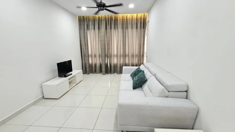 Living features: light grey fabric sectional sofa, white coffee table, white TV console, wall-mounted TV, floor-to-ceiling windows, sheer curtains, grey blackout curtains, recessed LED downlights, ceiling fan with light, glossy white tile flooring, neutral painted walls; style: modern.