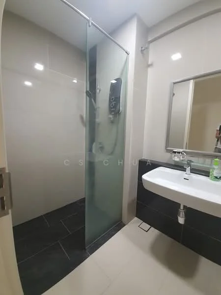 Bathroom features: glass shower enclosure, rain shower head, wall-mounted shower control, single-sink vanity, chrome basin mixer, framed mirror, white ceramic sink, black tile flooring, light grey wall tiles, towel rack; style: modern.
