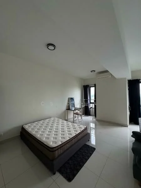 Bedroom features: queen-size bed with mattress, white painted walls, glossy ceramic tile flooring, recessed ceiling lights, 2 wall-mounted air conditioning units, floor-to-ceiling windows, blackout curtains, study desk, chair, area rug; style: modern.