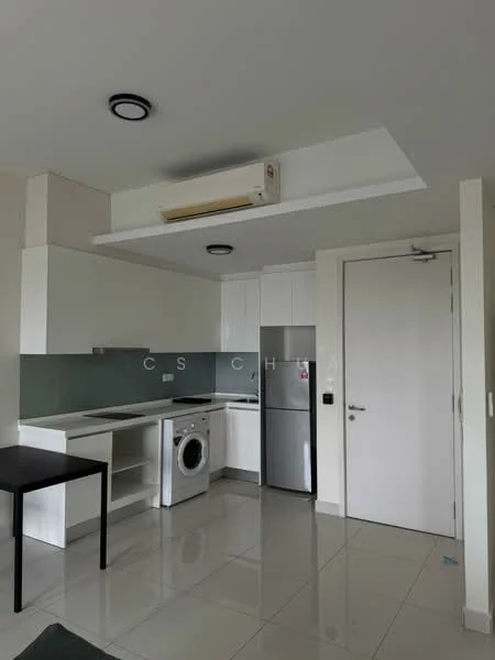 Kitchen features: white cabinetry, stainless-steel fridge, built-in oven, freestanding washing machine, grey backsplash, white countertop, single-bowl stainless-steel sink, chrome pull-down faucet, recessed downlights, wall-mounted split AC, ceramic tile flooring, white painted walls; style: modern.