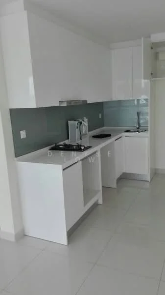 Kitchen features: white cabinetry, white countertop, glass backsplash in light blue, built-in gas stove, stainless-steel kettle, built-in sink, white wall tiles, white floor tiles; style: modern.
