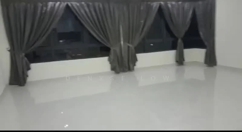 Room features: white painted walls, glossy tile flooring, floor-to-ceiling windows, grey curtains, city view, neutral color scheme; style: modern; view: city.