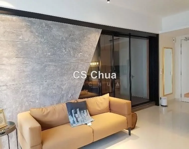 Living features: beige fabric sofa, decorative throw pillow, grey accent wall with textured finish, glazed sliding doors, polished tile flooring, recessed ceiling lights, wall-mounted artwork, open layout to adjacent space; style: modern.
