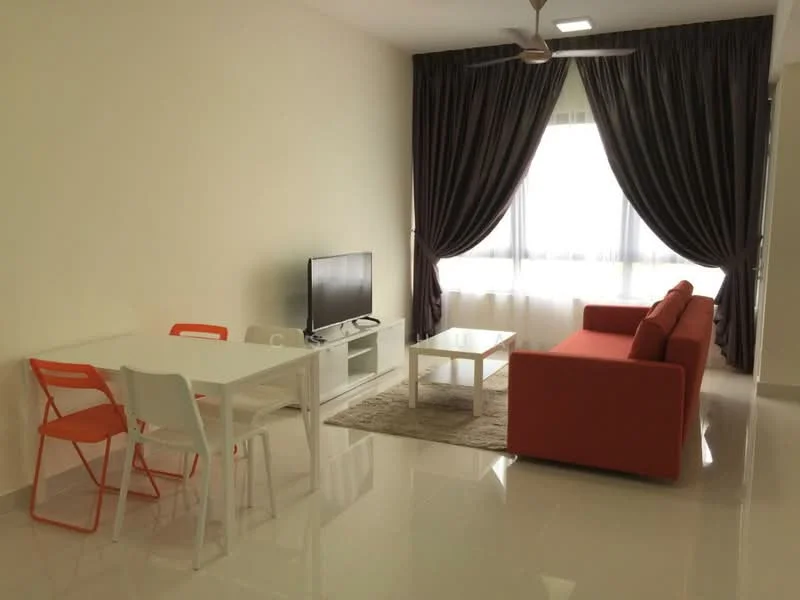 Living features: orange fabric sofa, white coffee table, TV console, wall-mounted TV, area rug, 5-blade ceiling fan, floor-to-ceiling windows, sheer curtains, dark grey curtains, white dining table, 2 orange chairs, 2 white chairs, glossy tile flooring, cream painted walls; style: modern.
