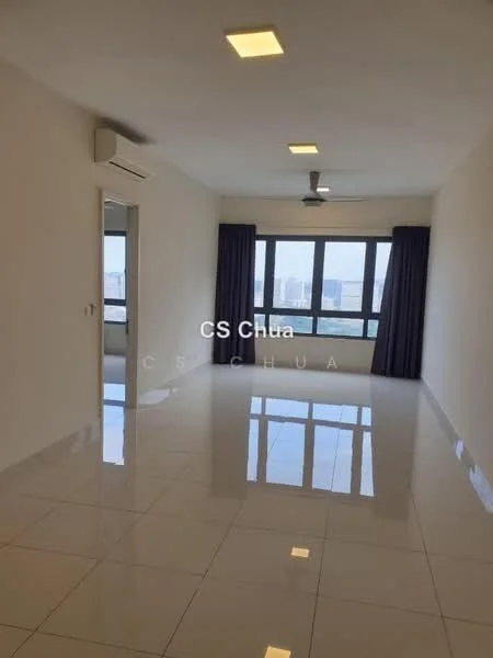 Living features: white painted walls, glossy ceramic tile flooring, ceiling fan, floor-to-ceiling windows, blackout curtains, air conditioning unit, neutral color scheme, natural light from windows; style: modern; view: city.