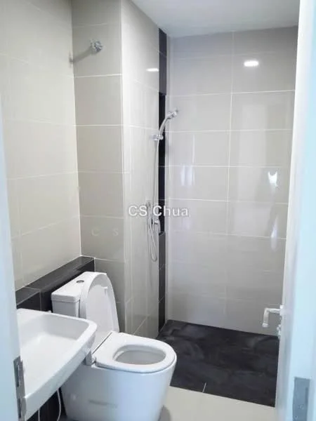 Bathroom features: white ceramic toilet, single-sink vanity with white cabinet, chrome basin mixer faucet, walk-in shower with glass enclosure, handheld shower, grey tile flooring, white wall tiles, black accent wall tiles, recessed downlights; style: modern.
