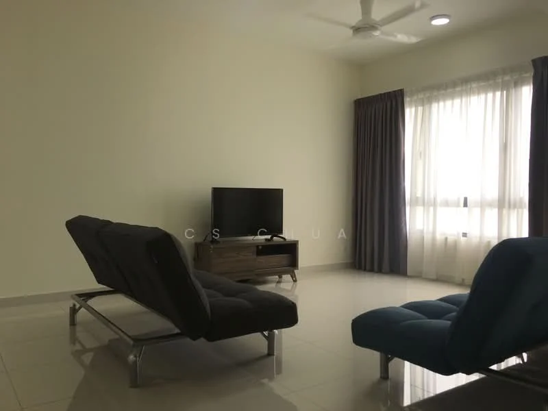 Living features: 2-seater fabric sofa in grey, 1-seater fabric chair in blue, wood TV console, wall-mounted TV, floor-to-ceiling windows with sheer curtains, light-colored walls, glossy tile flooring, ceiling fan with light, recessed downlights; style: modern.