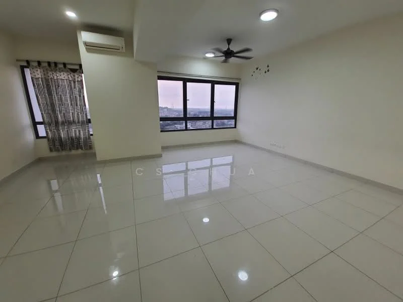 Living features: white painted walls, glossy ceramic tile flooring, 5-blade ceiling fan with light, floor-to-ceiling windows, sheer curtains, recessed downlights, air conditioning unit, city view; style: modern; view: city.