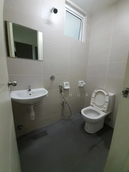 Bathroom features: white tiled walls, grey tile flooring, single-sink vanity with mirror, chrome basin mixer faucet, one-piece toilet, bidet spray, shower hose, wall-mounted mirror, window for natural light; style: modern.