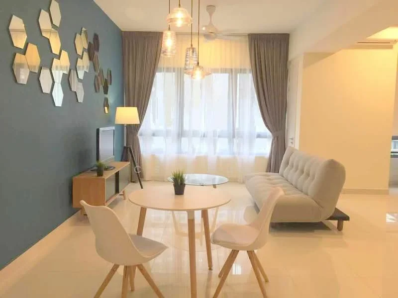 Living features: grey fabric sofa, round white dining table, two white dining chairs, wooden TV console, wall-mounted TV, hexagonal wall mirrors, floor lamp, curtains, white walls, light-colored flooring, ceiling fan with light, decorative plant on table; style: modern.