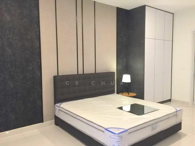 Bedroom features: queen-size bed, upholstered headboard, white painted walls, dark accent wall, built-in wardrobe with sliding doors, nightstand, table lamp, glass top on bedside table, polished tile flooring, recessed lighting; style: modern.