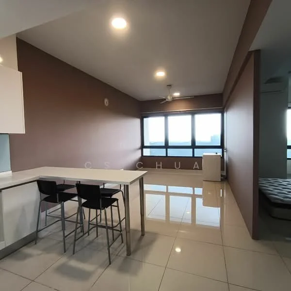 Kitchen features: white cabinetry, white countertop, stainless-steel sink, chrome pull-down faucet, open shelving, 2 bar stools; style: modern; view: city. Living features: large windows, floor-to-ceiling windows, white walls, cream painted accent wall, recessed downlights, ceiling fan, glossy tile flooring; style: modern; view: city.