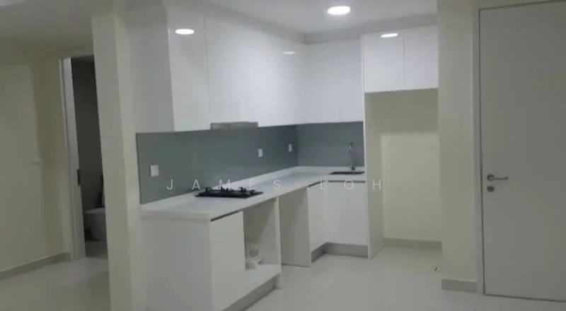 Kitchen features: white cabinetry, grey backsplash, white countertop, built-in gas hob, stainless-steel sink, chrome pull-down faucet, recessed downlights, tile flooring, open layout, wall-mounted cabinets, under-cabinet lighting; style: modern.