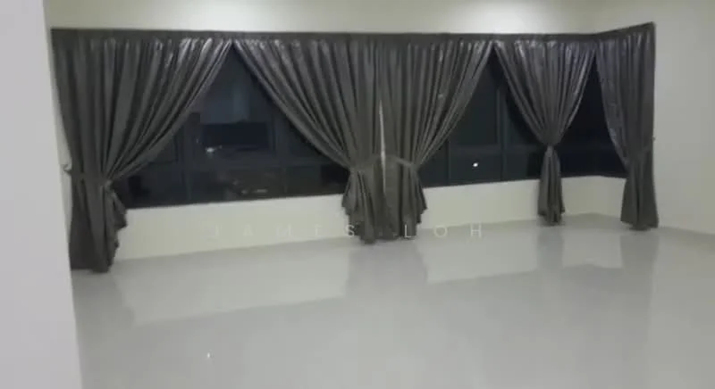 Room features: large floor-to-ceiling windows, grey curtains, white painted walls, glossy tile flooring, corner window, natural light, minimalist decor; style: modern; view: city.