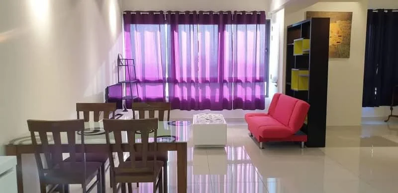 Living features: pink fabric sofa, glass coffee table, 4-seater wooden dining table, white square ottoman, purple sheer curtains, white walls, glossy tile flooring, bookshelf with yellow storage boxes, artwork on wall, floor-to-ceiling windows; style: modern.