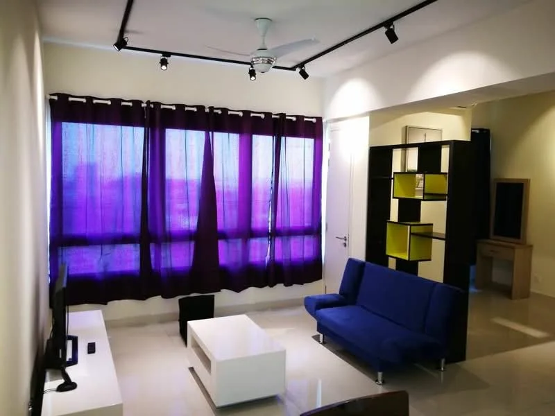 Living features: 3-seater fabric sofa in blue, white coffee table, wall-mounted TV, ceiling fan, purple sheer curtains, glossy tile flooring, black TV console, decorative shelving unit with yellow accents, light-colored walls, recessed lighting; style: modern.