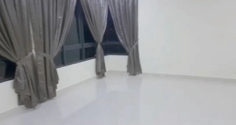 Room features: white painted walls, glossy tile flooring, floor-to-ceiling windows, grey curtains, neutral decor, corner window, natural light, spacious layout; style: modern; view: city.