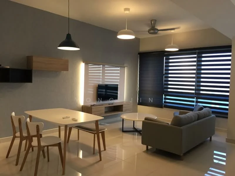 Living features: 3-seater fabric sofa in light grey, coffee table, 6-seater dining table with wooden legs, wall-mounted TV, TV console with wooden finish, floor-to-ceiling windows with black horizontal blinds, recessed downlights, ceiling fan, light pendant, cream tiled flooring, textured accent wall in light grey; style: modern.