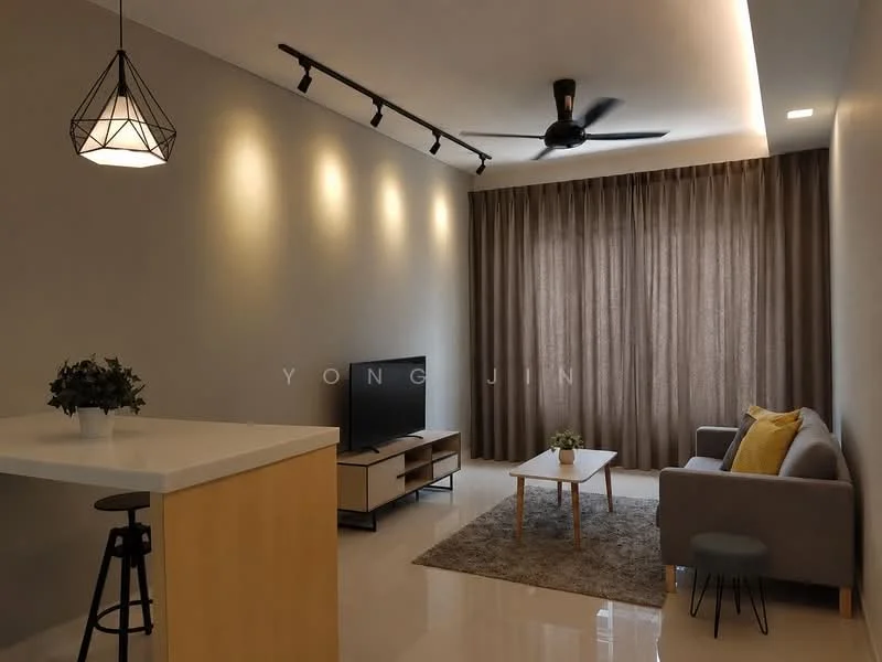 Living features: grey painted walls, white ceiling with recessed lighting, 5-blade ceiling fan with light, large window with brown curtains, light-colored sofa with yellow accent pillow, coffee table, TV console with flat-screen TV, area rug, decorative plant on coffee table, bar counter with high stool; style: modern.
