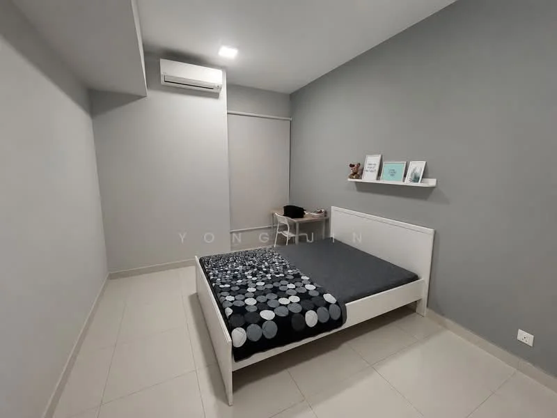 Bedroom features: grey painted walls, white ceiling, tile flooring, queen-size bed, upholstered headboard, bedside table, wall-mounted shelf, air conditioning unit, roller blinds; style: modern.