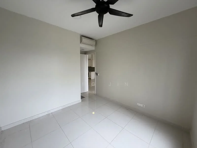 Room features: white painted walls, glossy white tile flooring, ceiling fan, wall-mounted split AC, doorway leading to another room, neutral color scheme; style: modern.